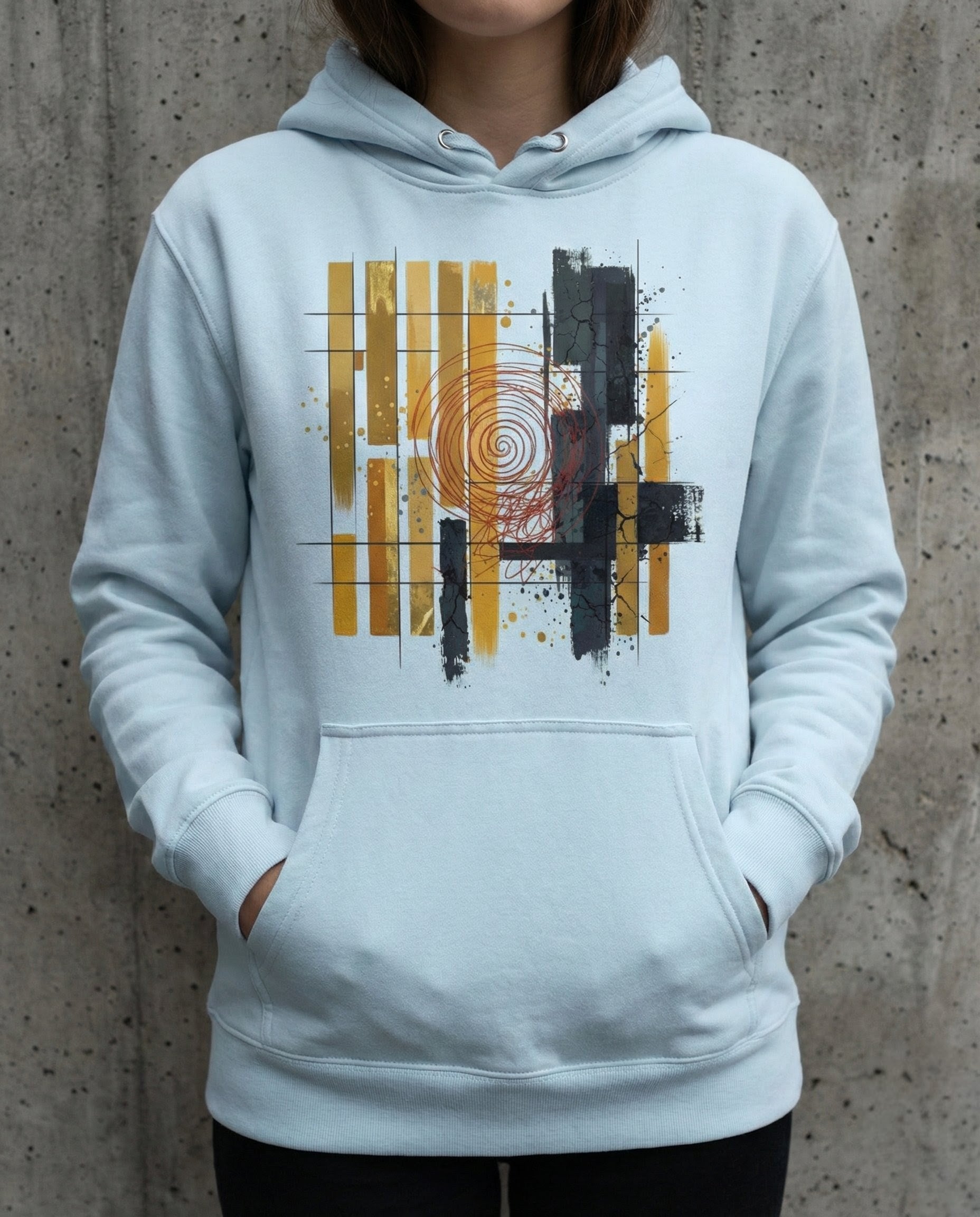 Person wearing a light blue hoodie with abstract design against a concrete wall.