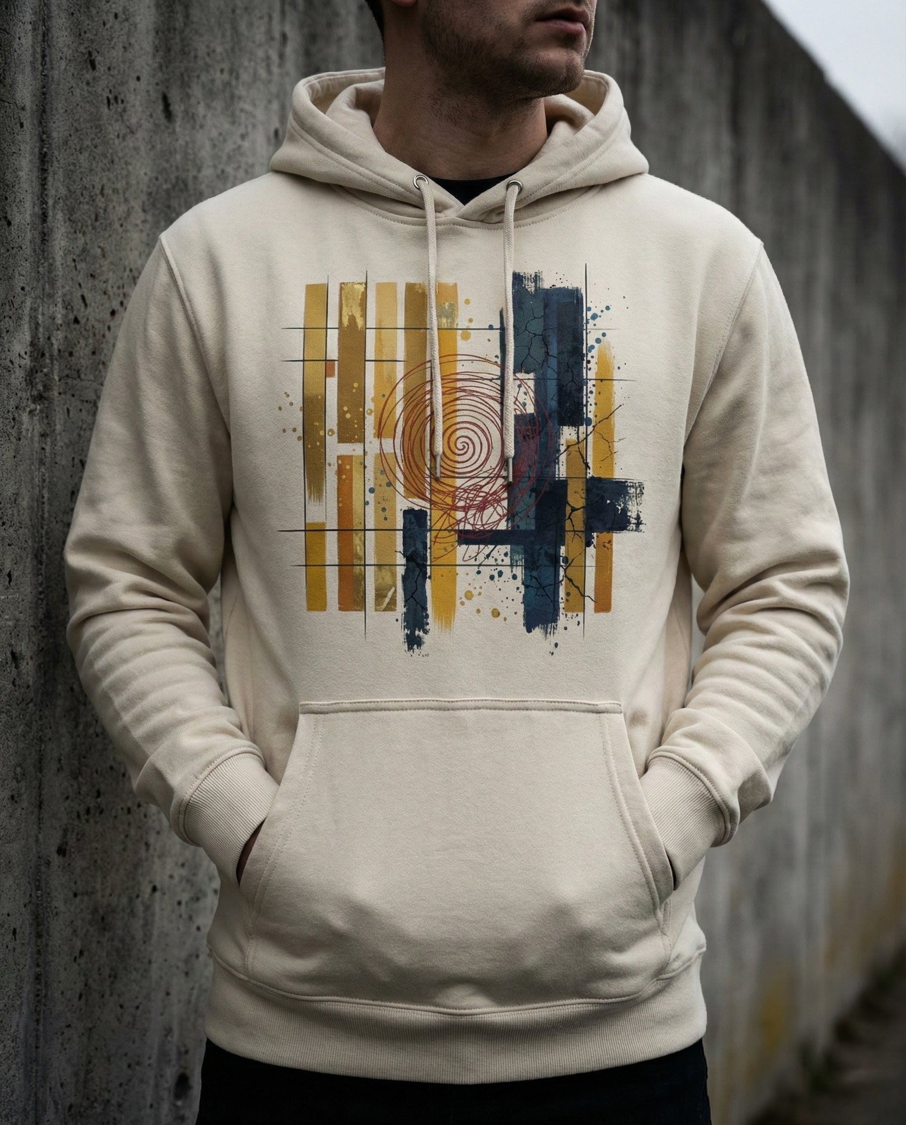 Person wearing a beige hoodie with abstract design against a concrete wall.