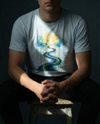 Model seated wearing the Heather Prism Ice Blue Impossible Tee with a golden arch above a winding blue and gold river surrounded by clouds.