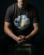 Model wearing a Black Heather Thorn Tee with a glowing cracked vessel, vines, flowers and wings printed on the front.