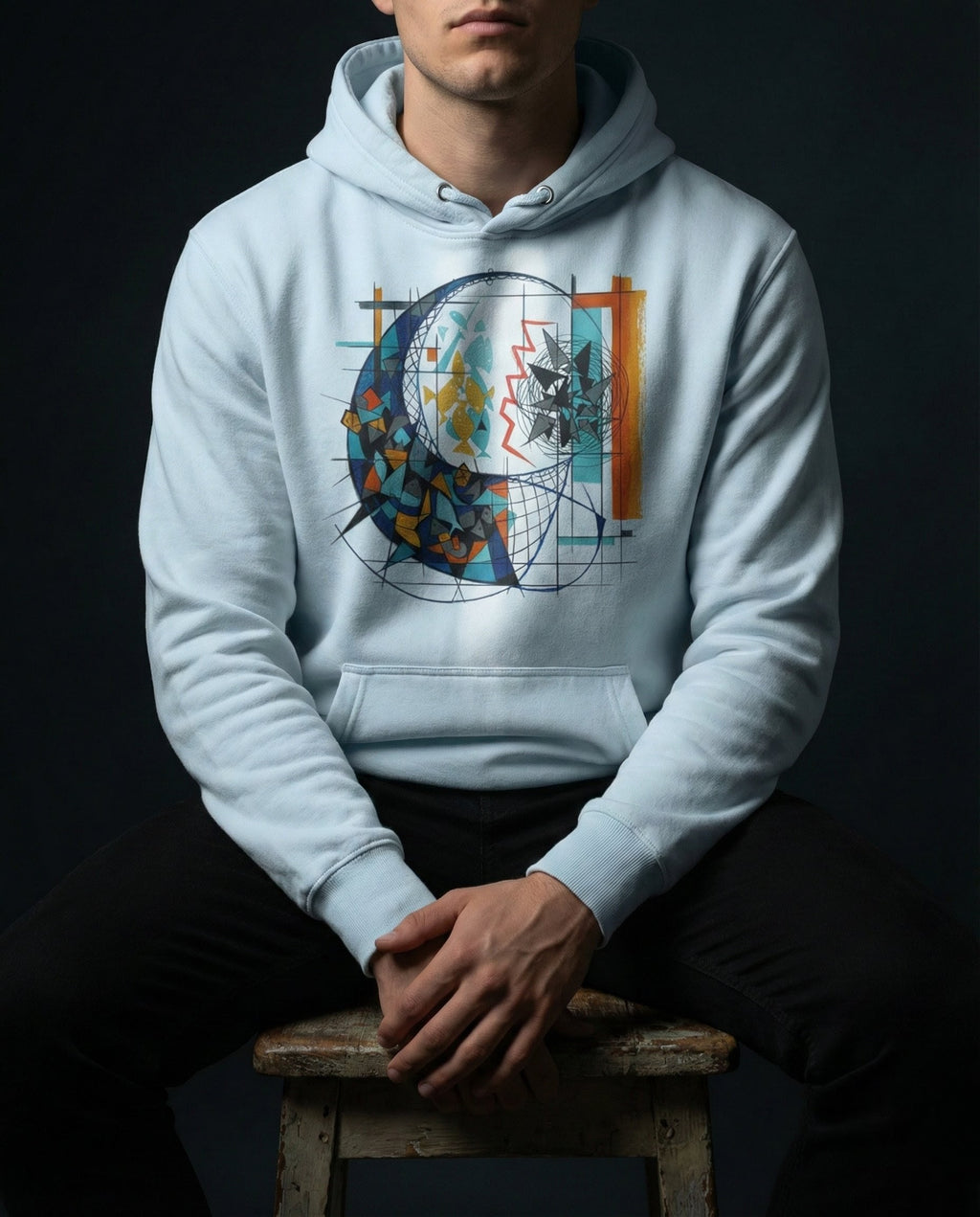 Model wearing a Sky Blue Separation Hoodie with geometric fish-like forms, dark fragments, a net-like grid and a red dividing line printed on the front.
