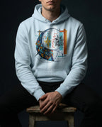Model wearing a Sky Blue Separation Hoodie with geometric fish-like forms, dark fragments, a net-like grid and a red dividing line printed on the front.