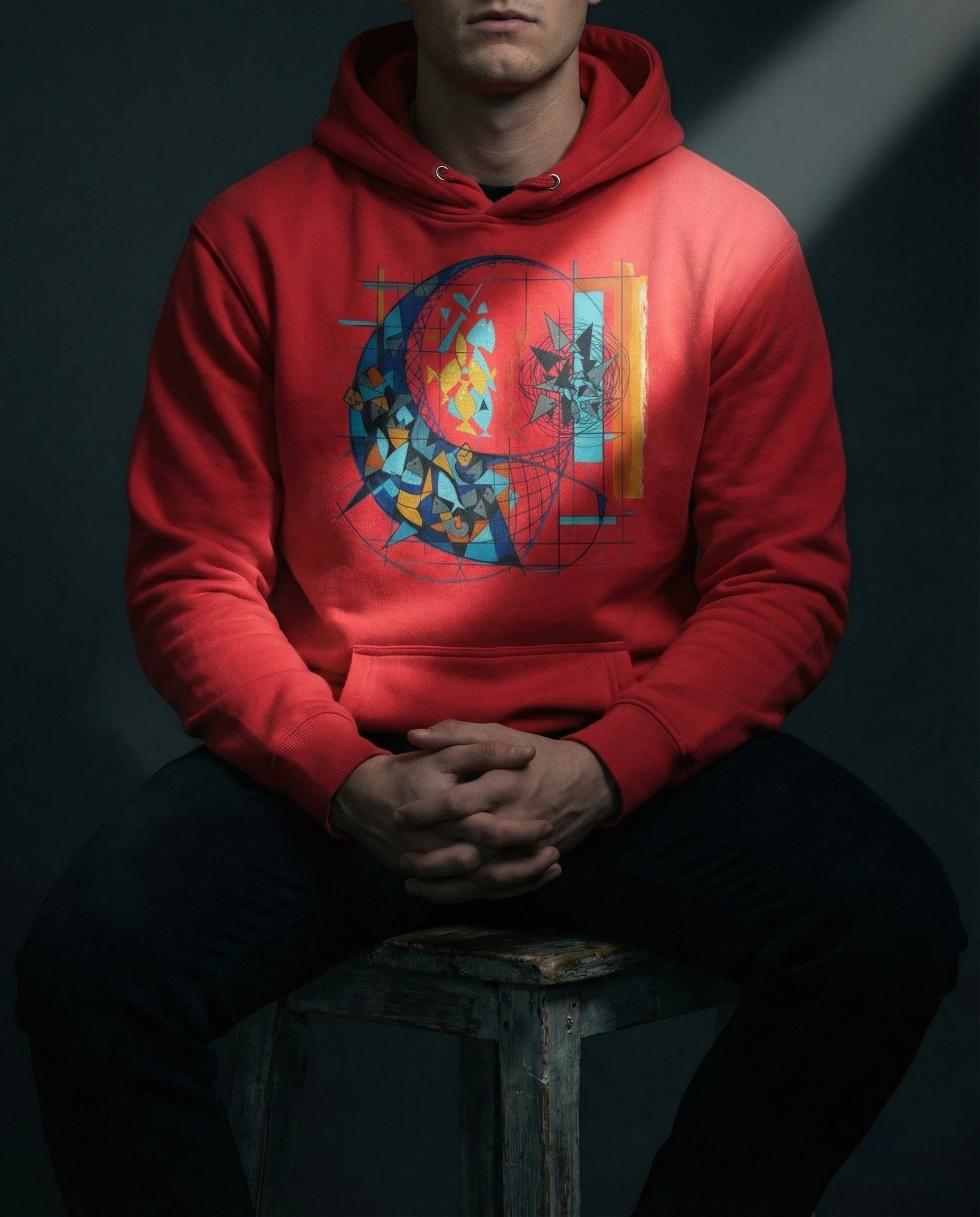 Person wearing a red hoodie with a colorful graphic design on a dark background