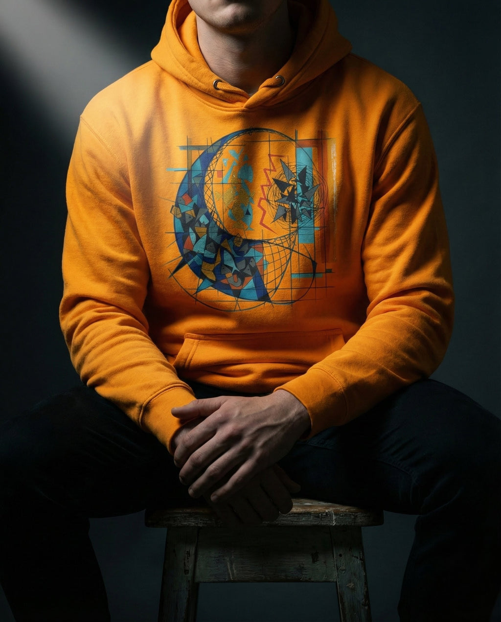 Model wearing a Team Gold Separation Hoodie with geometric fish-like forms, dark fragments, a net-like grid and a red dividing line printed on the front.