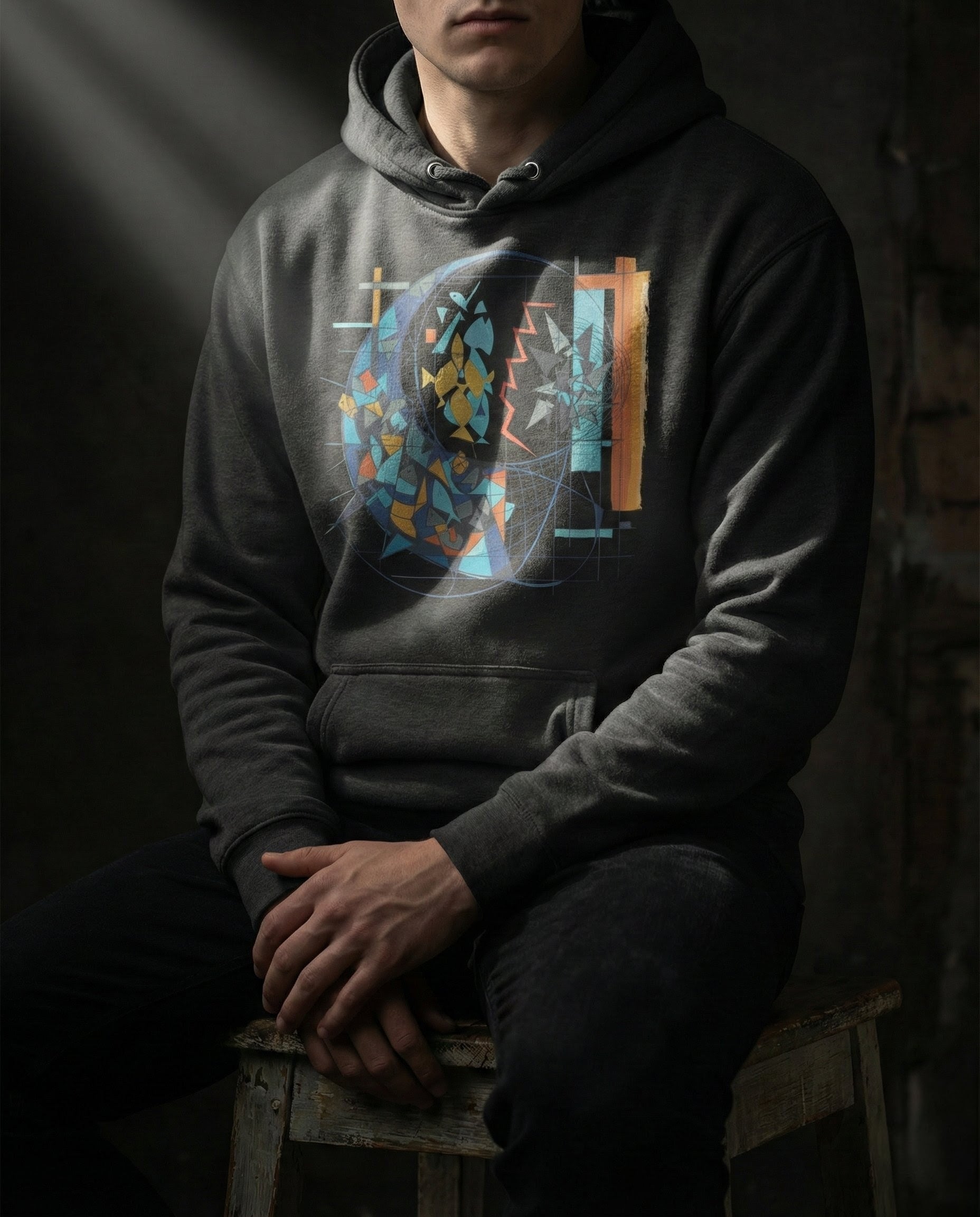 Person wearing a hoodie with a colorful graphic design sitting on a stool against a dark background