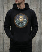 Model wearing the Black Trouble Hoodie with cross above storm waves within a thorn border.