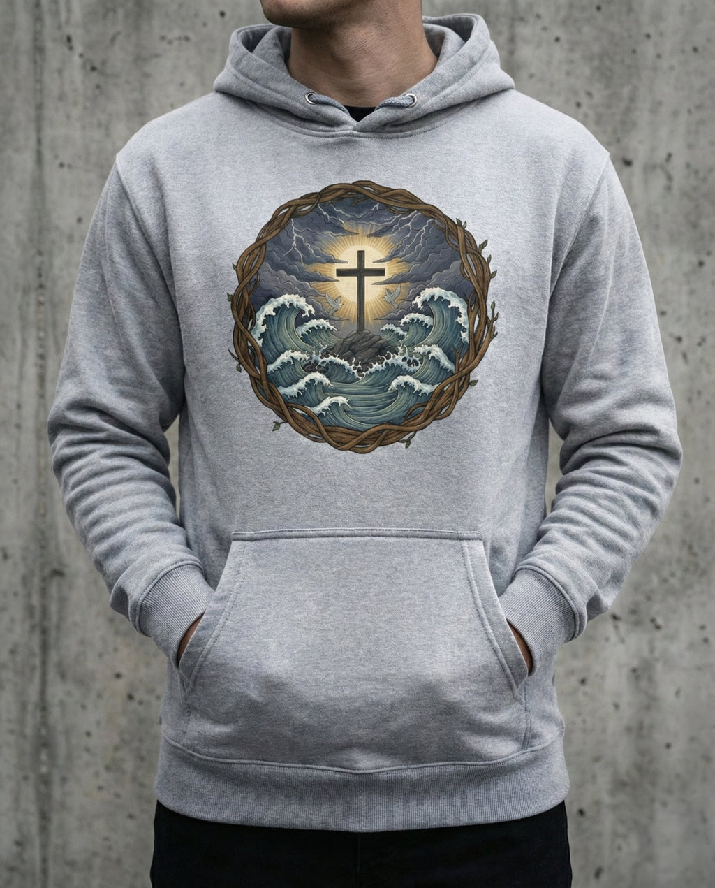 Model wearing the Carbon Grey Trouble Hoodie with cross above storm waves within a thorn border.