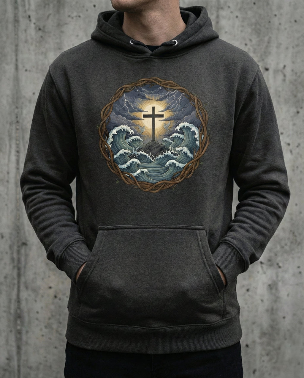 Selah Supply Co. The Trouble Hoodie in Charcoal Heather. Model wearing a Christian graphic hoodie that visualizes John 16:33 through a central cross anchored on rock amidst churning waves and lightning. Styled against a gritty concrete wall.