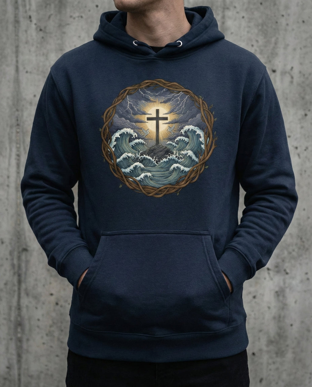 Model wearing the Navy Blazer Trouble Hoodie with cross above storm waves within a thorn border.