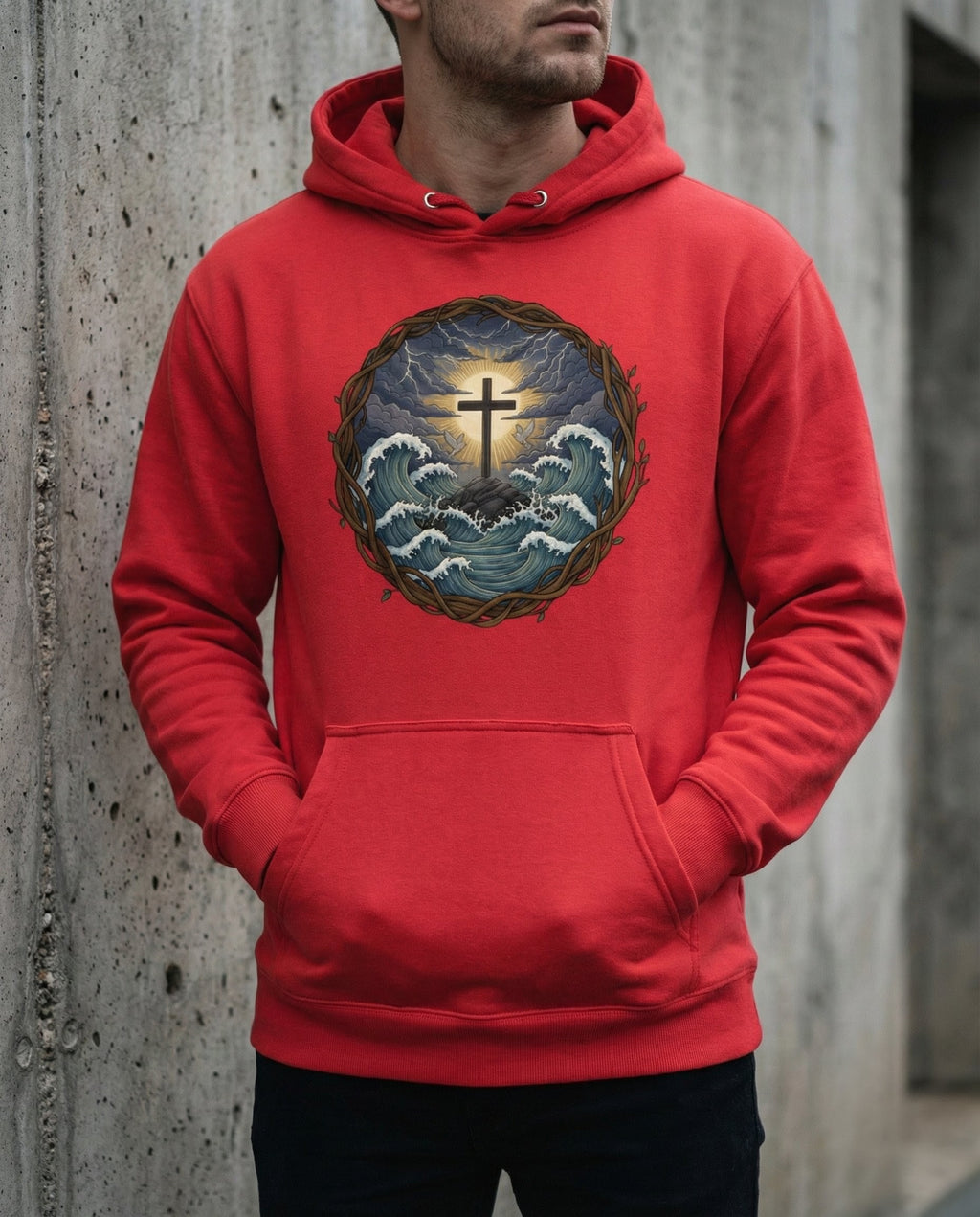 Model wearing the Team Red Trouble Hoodie with cross above storm waves within a thorn border.