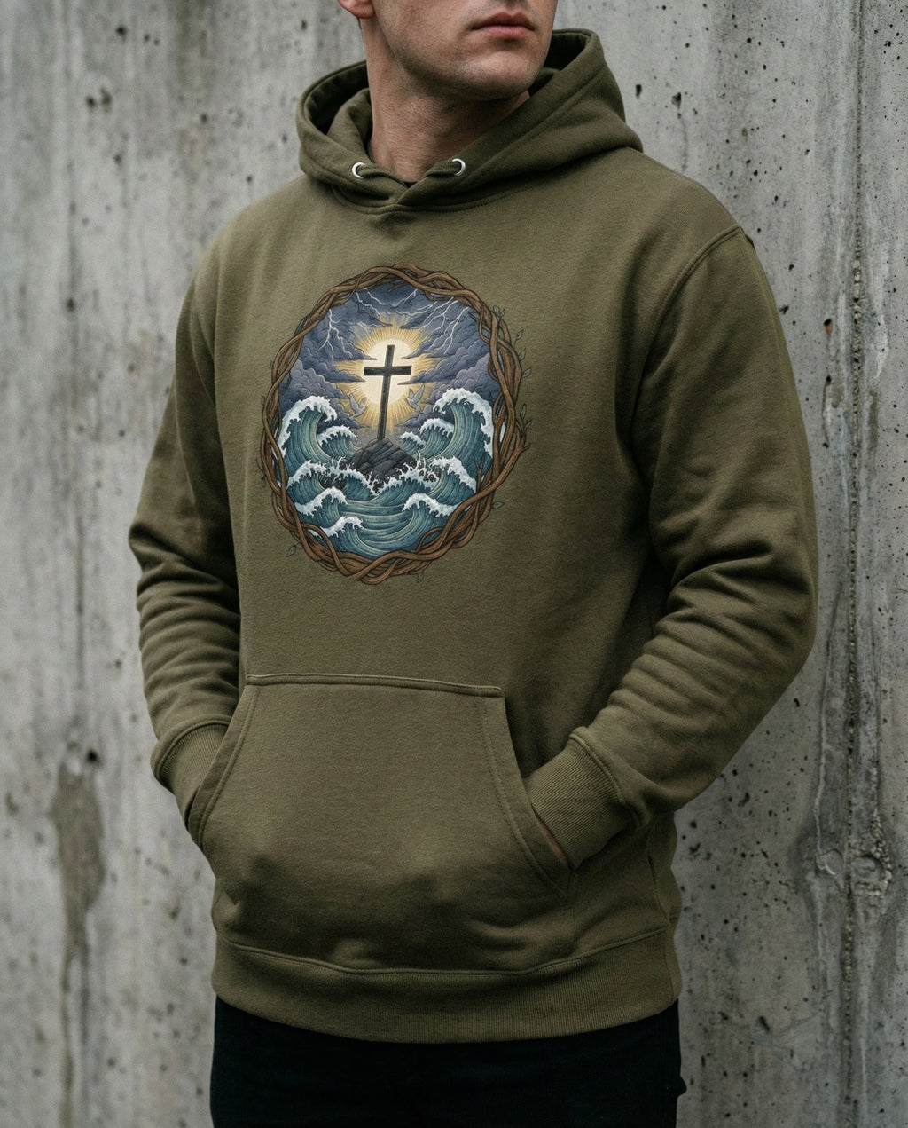 Model wearing the Military Green Trouble Hoodie with cross above storm waves within a thorn border.