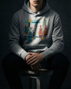 Model seated wearing the Carbon Grey Expansion Hoodie with a geometric cloth patch, two wineskins and dark drips within a colored grid.