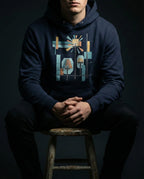 Model wearing the Navy Blazer Bushel Hoodie with geometric lamps, teal and gold rays, colored blocks and a black grid.