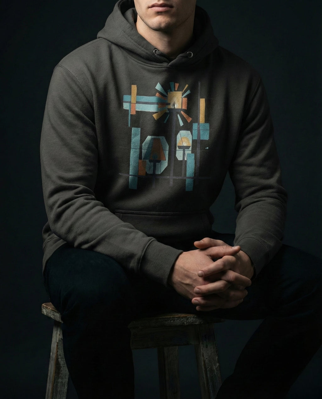Model wearing the Vintage Black Bushel Hoodie with geometric lamps, teal and gold rays, colored blocks and a black grid.