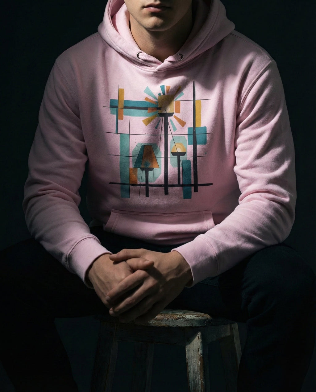 Model wearing the Lavender Bushel Hoodie with geometric lamps, teal and gold rays, colored blocks and a black grid.