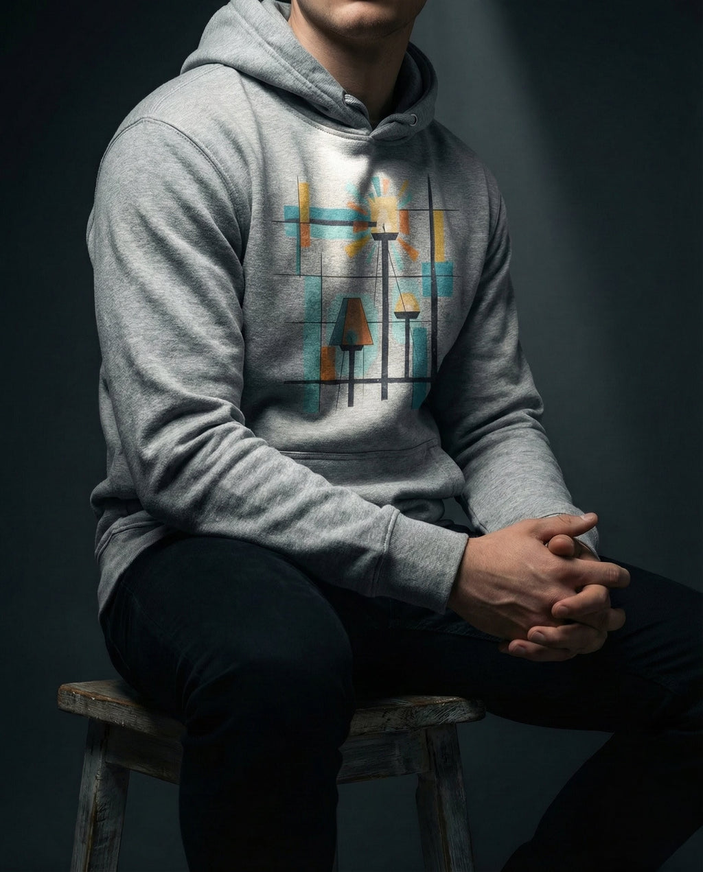 Model wearing the Carbon Grey Bushel Hoodie with geometric lamps, teal and gold rays, colored blocks and a black grid.