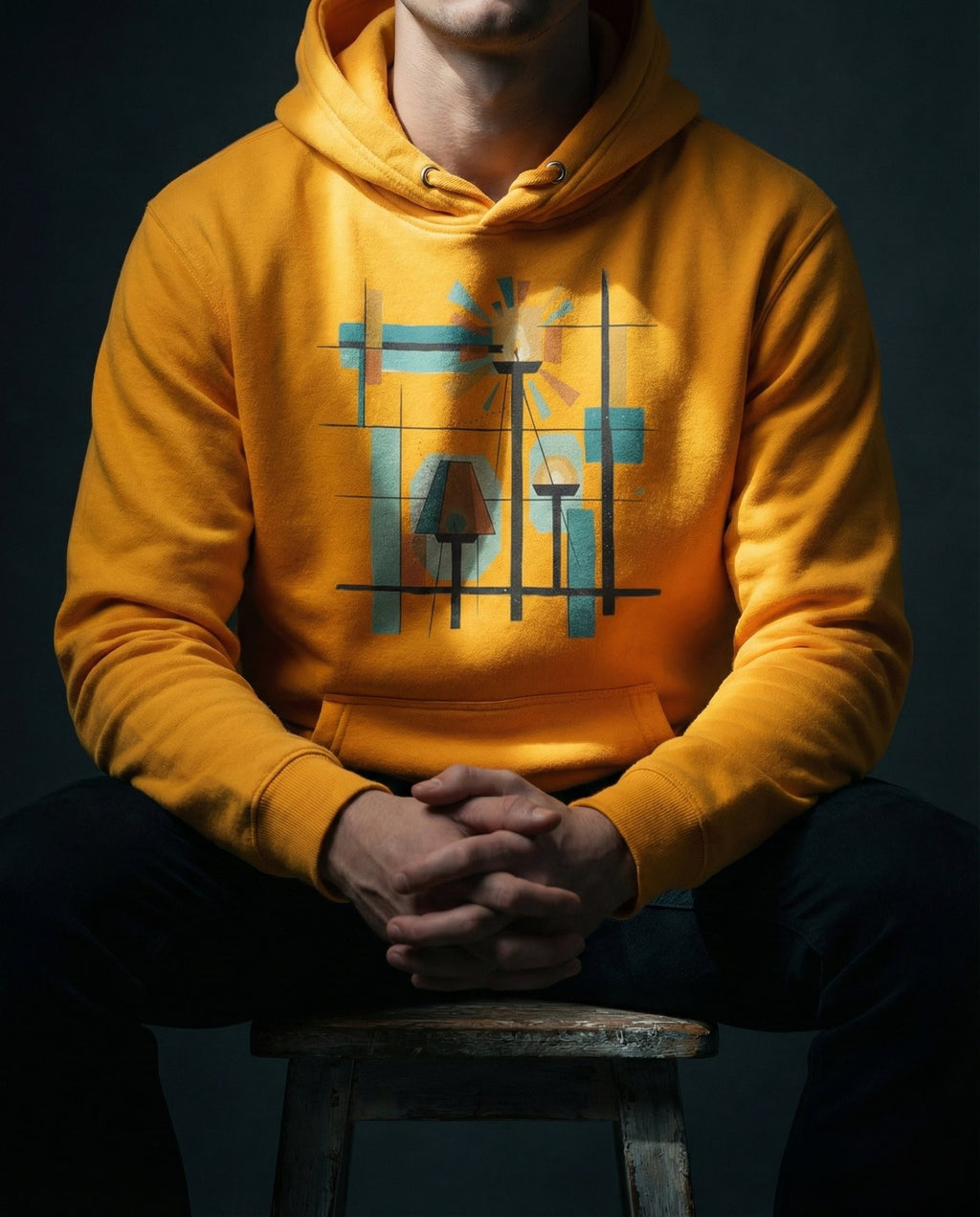 Model wearing the Team Gold Bushel Hoodie with geometric lamps, teal and gold rays, colored blocks and a black grid.