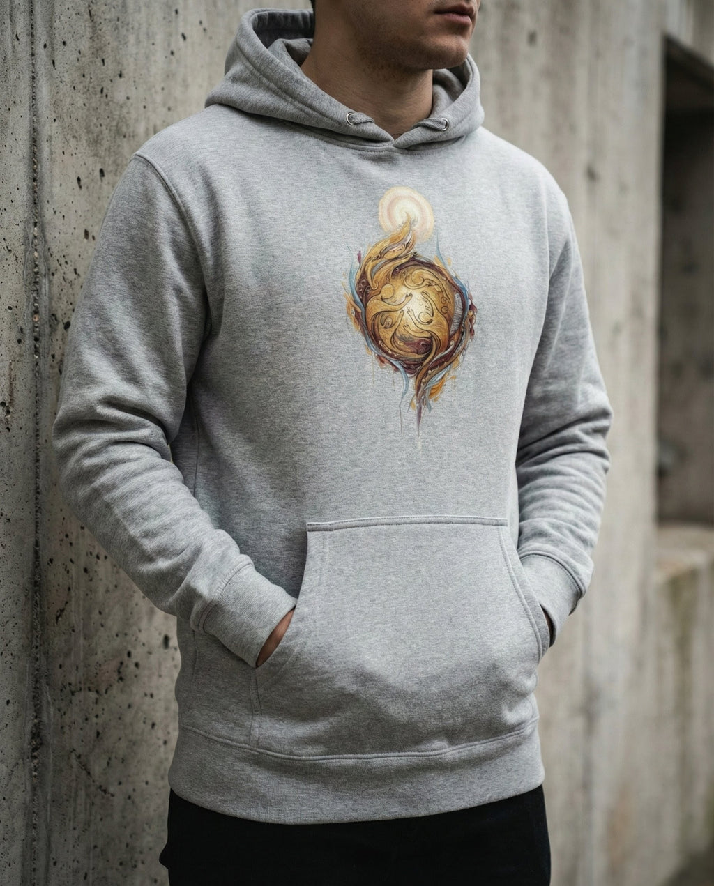 Model wearing the Carbon Grey Edify Hoodie with interwoven golden figures rising toward a light.