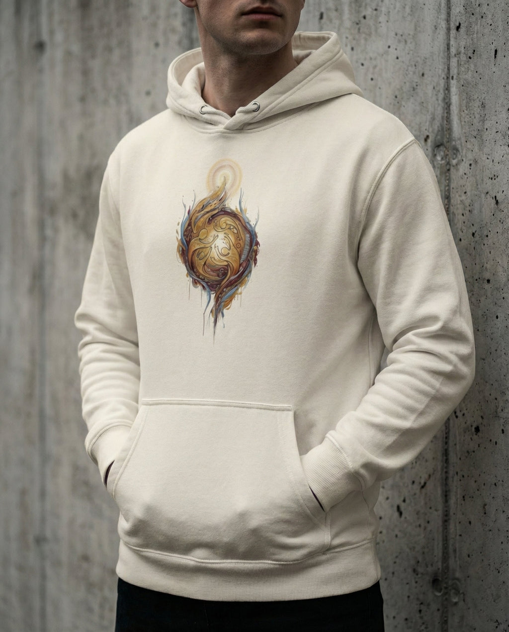 Model wearing the Bone Edify Hoodie with interwoven golden figures rising toward a light.