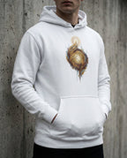 Model wearing the White Edify Hoodie with interwoven golden figures rising toward a light.