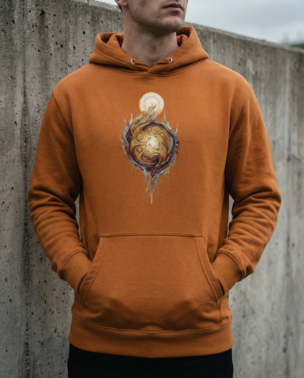Model wearing the Adobe Edify Hoodie with interwoven golden figures rising toward a light.