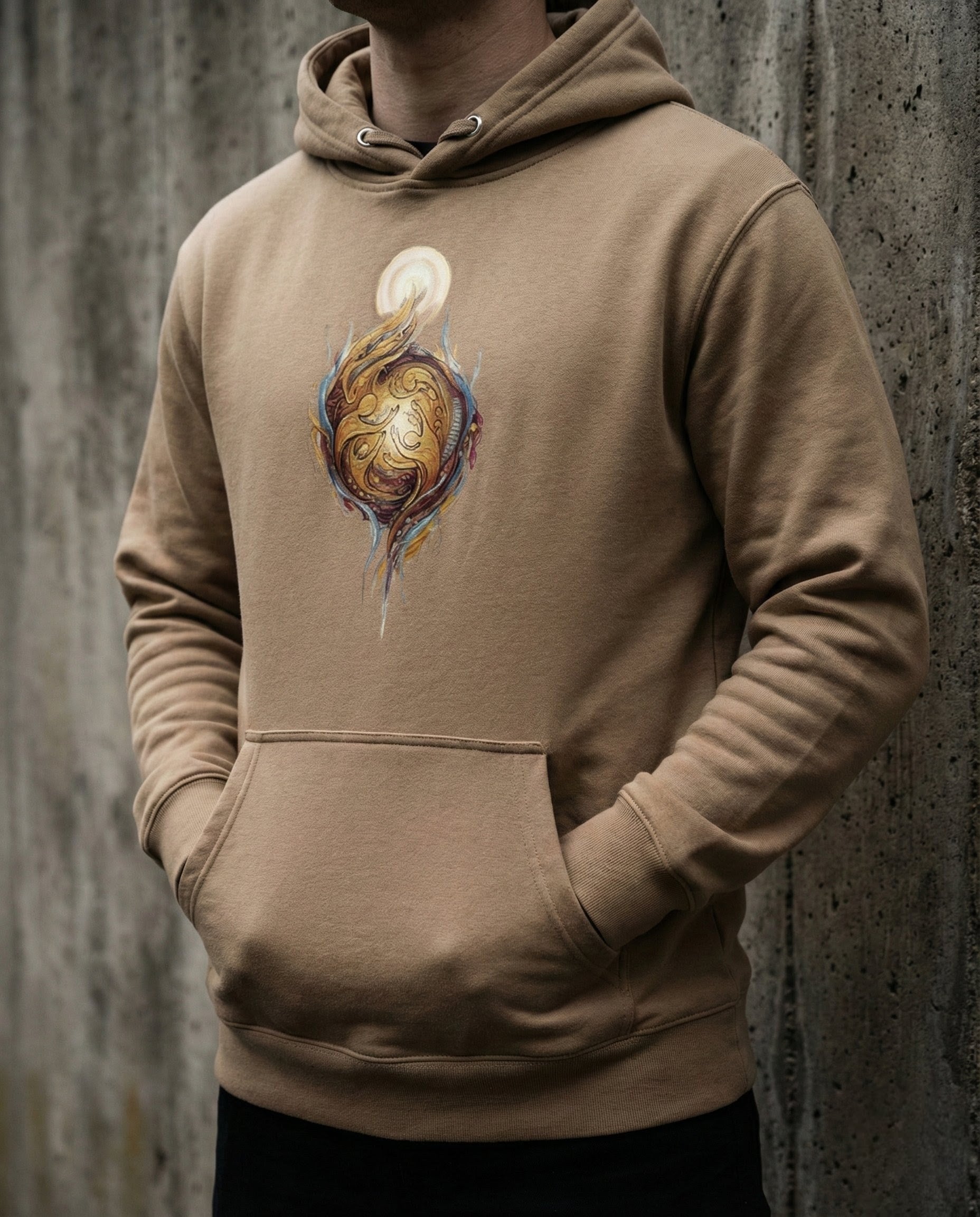 Person wearing a brown hoodie with a unique design on a textured wall background