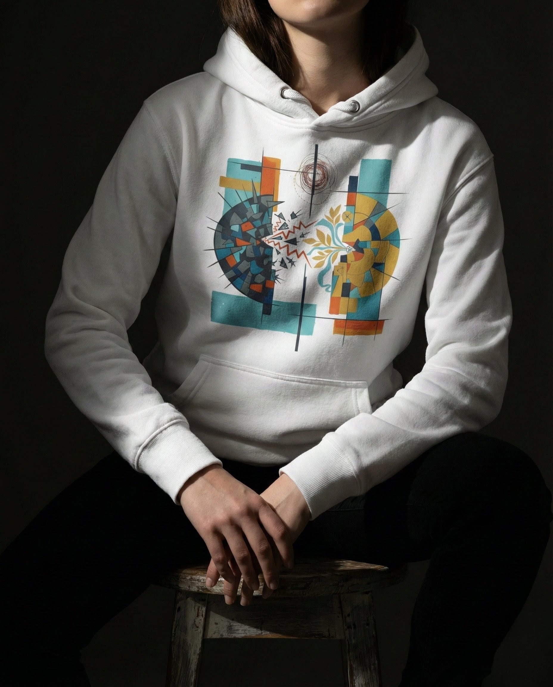 Person wearing a white hoodie with a colorful abstract design on a dark background
