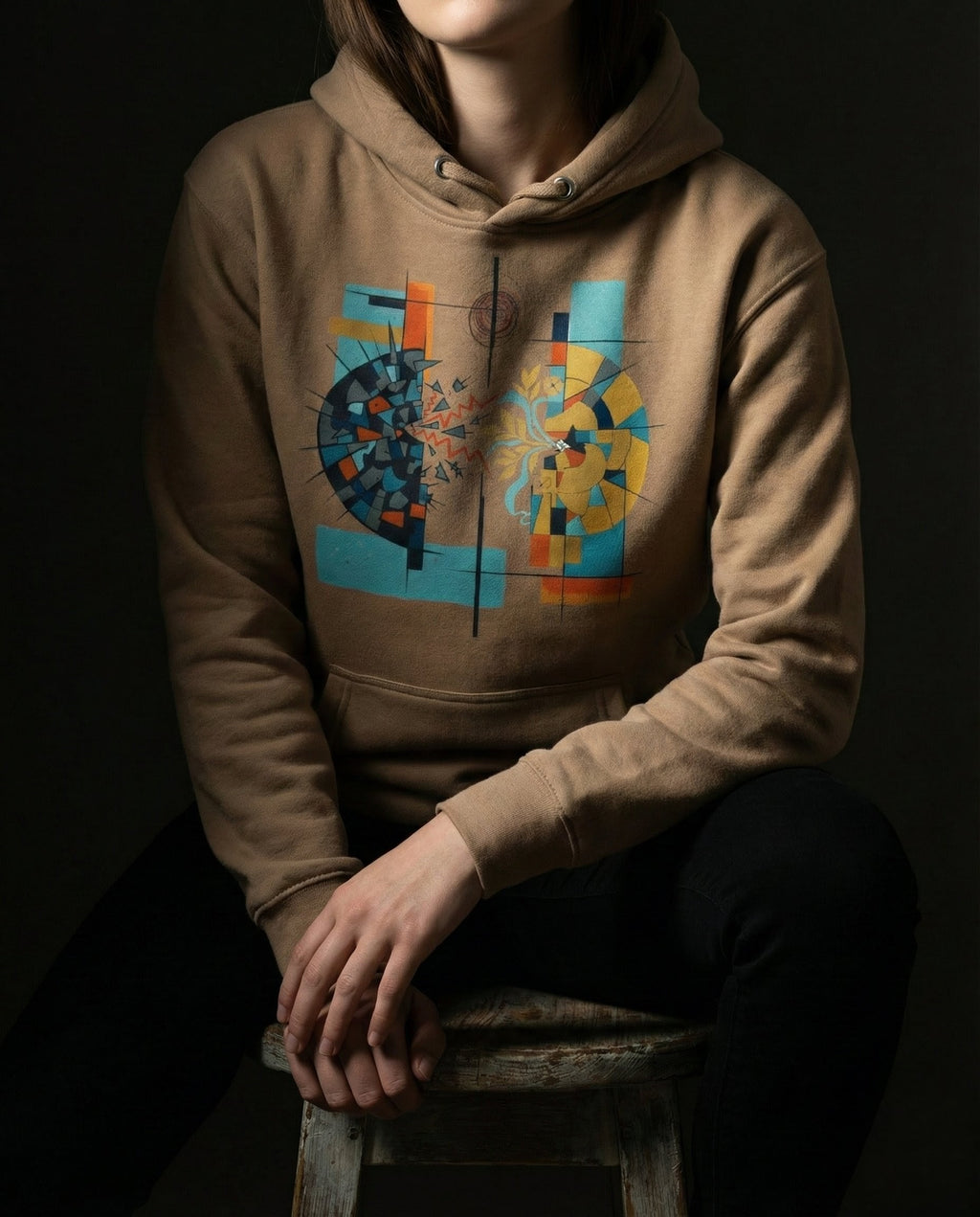 Model wearing the Latte Output Hoodie with a divided dark and golden sphere with red lightning, a branch and blue flowing lines.