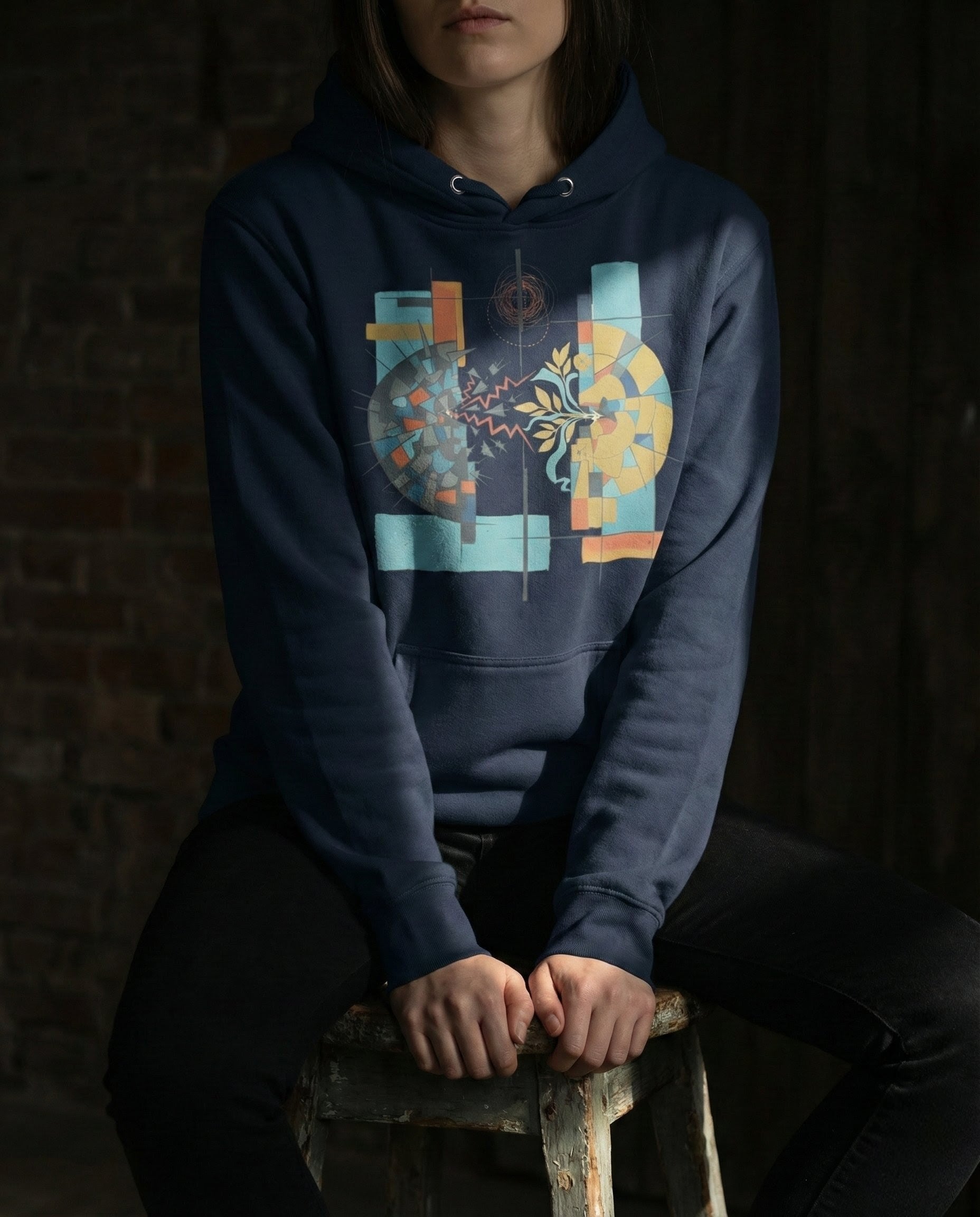 Person wearing a navy blue hoodie with a colorful graphic design, sitting on a wooden stool against a dark background.