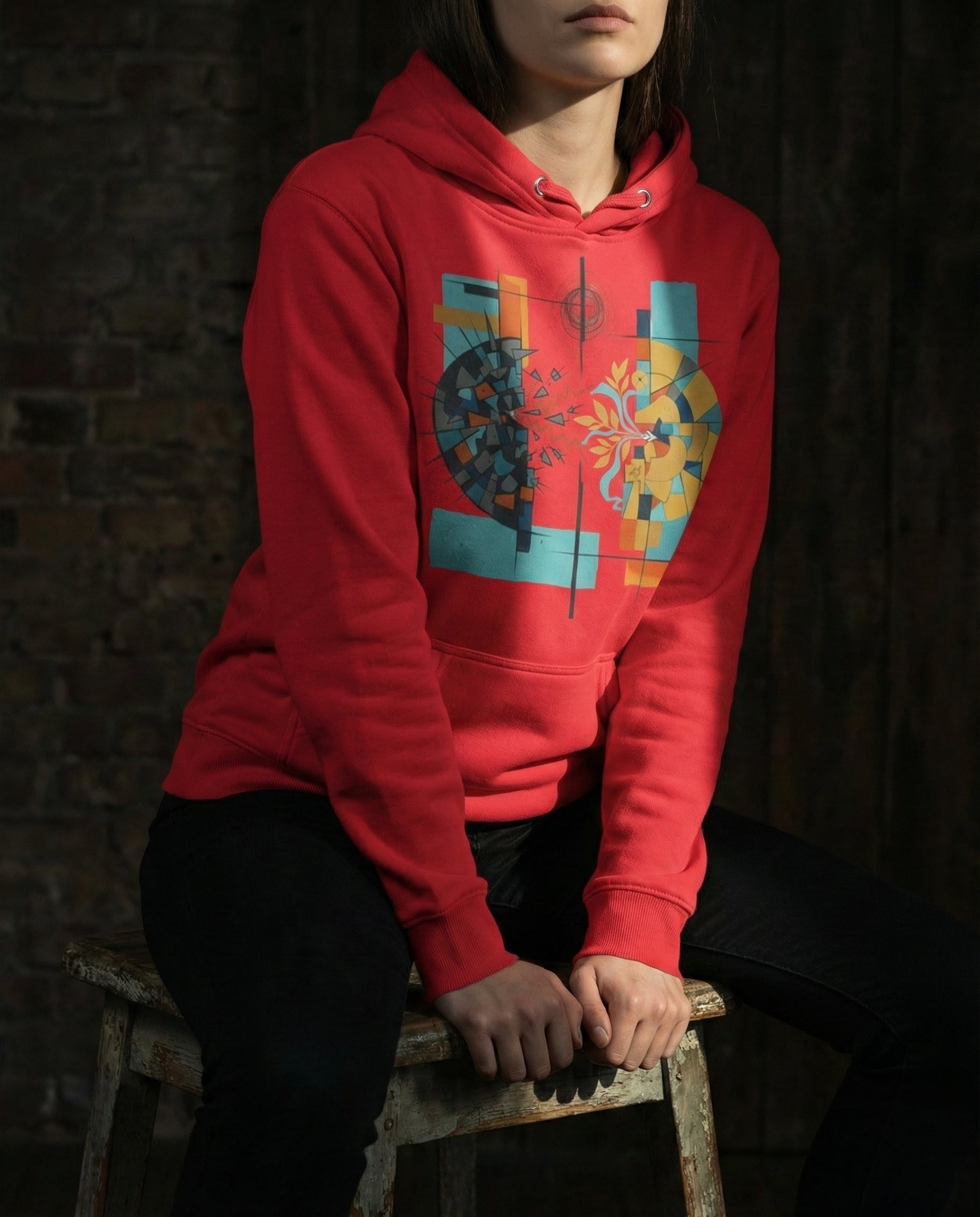 Person wearing a red hoodie with a colorful graphic design, sitting on a wooden stool against a dark background.