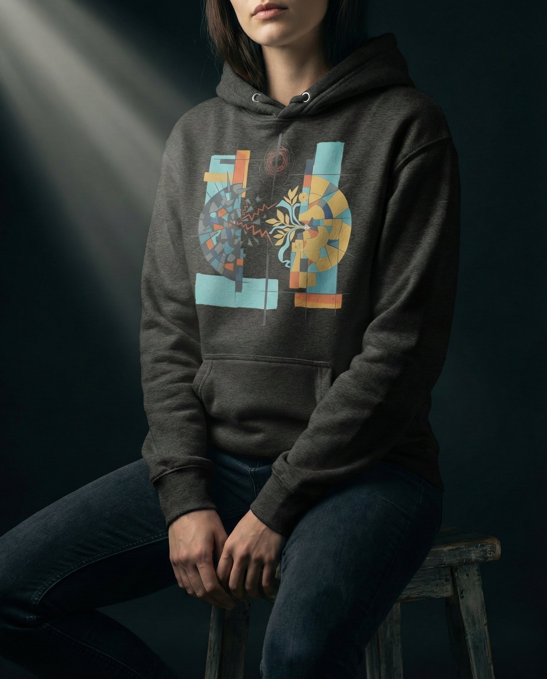 Person wearing a dark hoodie with a colorful graphic design, sitting on a stool against a dark background.