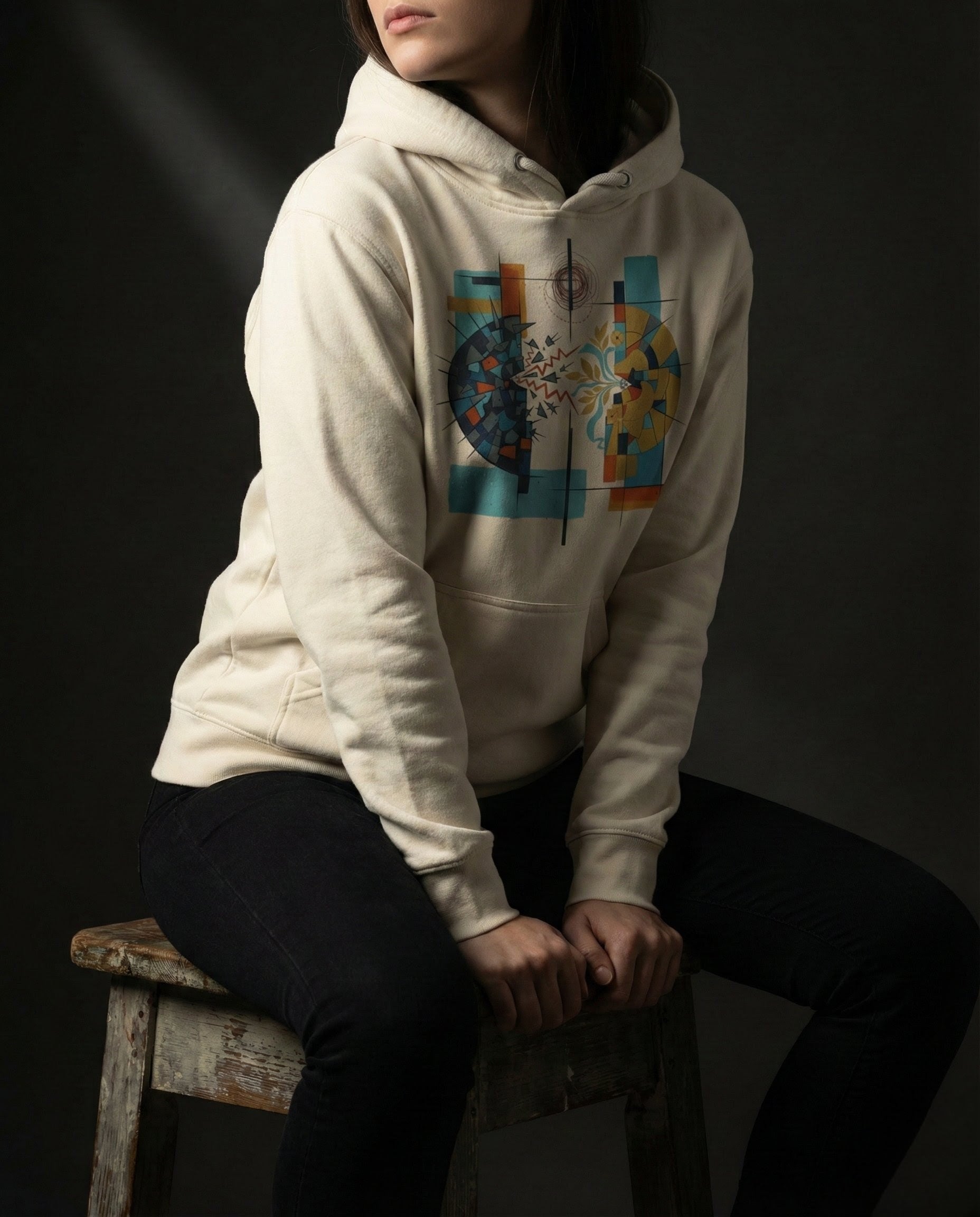 Person wearing a white hoodie with a colorful graphic design, sitting on a wooden stool against a dark background.