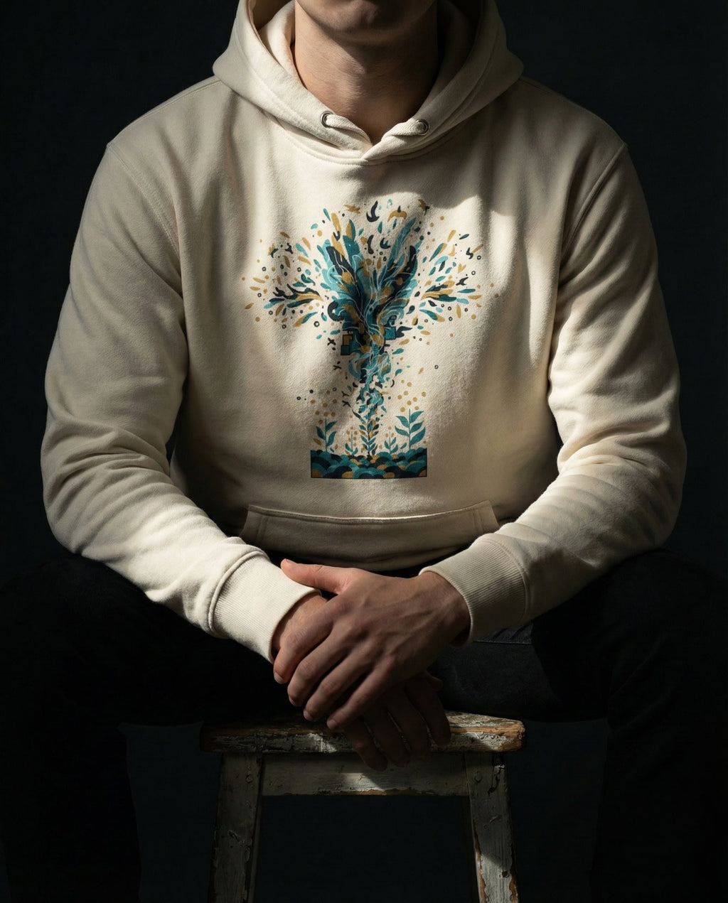 Selah Supply Co. Bone (off-white) 'The Thirty Sixty Hundred Hoodie.' Model wearing a scripture-based hoodie illustrating the hundred-fold harvest of the good soil. High-quality Christian streetwear designed for deep theological conversation.