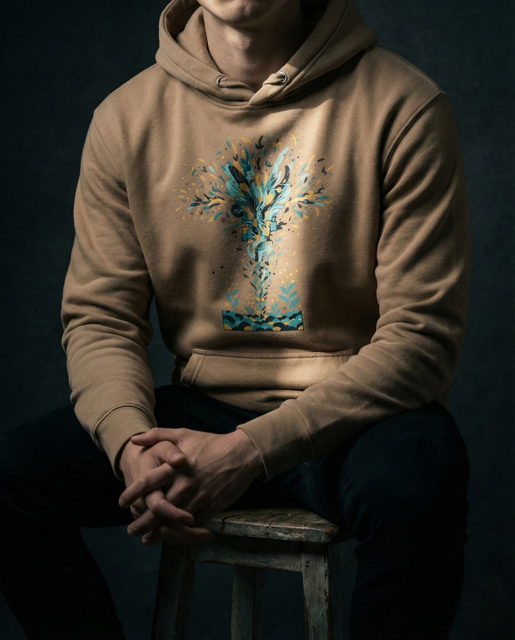 Model wearing the Latte Thirty Sixty Hundred Hoodie with a tall teal, navy and gold spray of seeds and leaves above small seedlings.