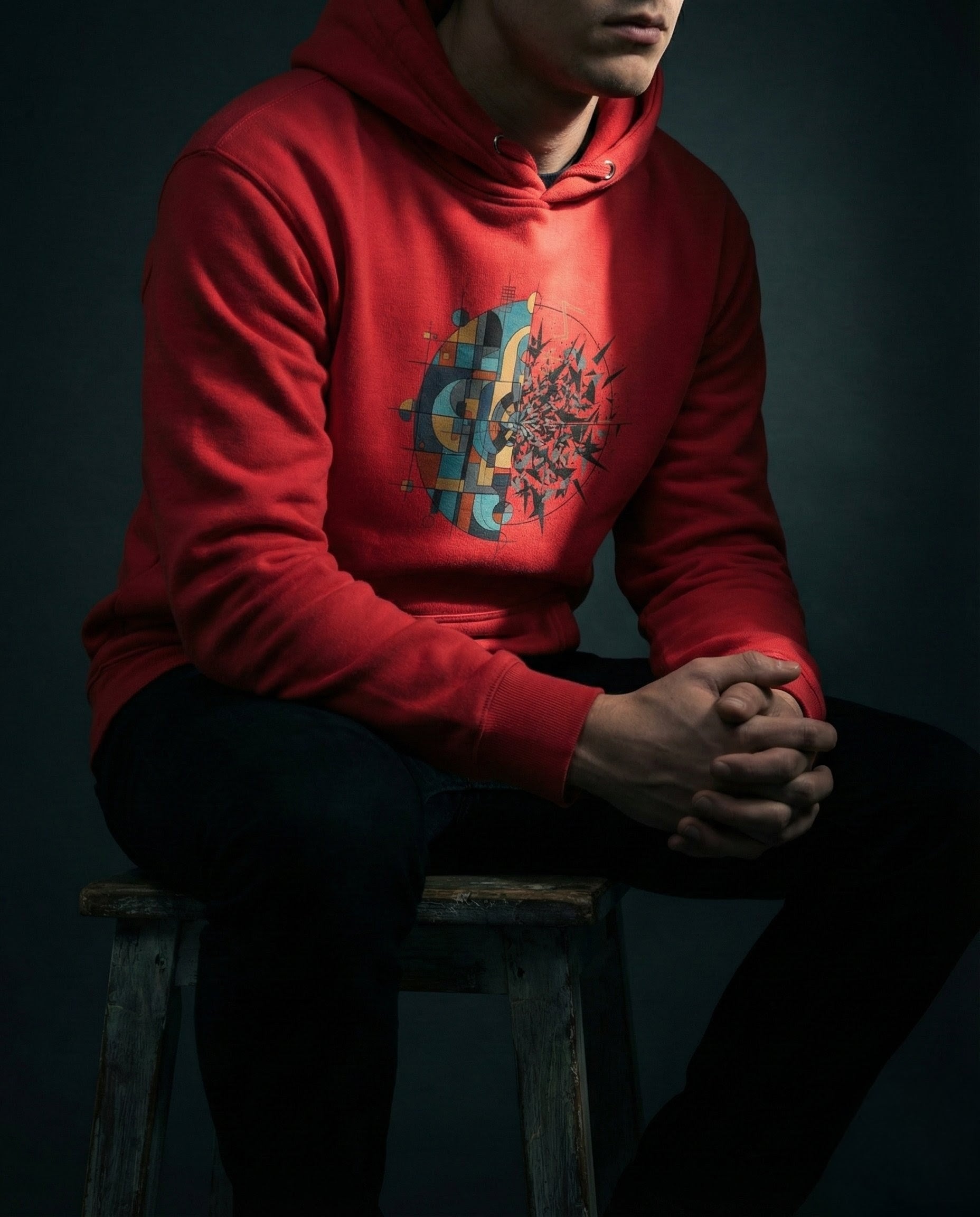 Person wearing a red hoodie with a colorful graphic design, sitting on a wooden stool against a dark background.