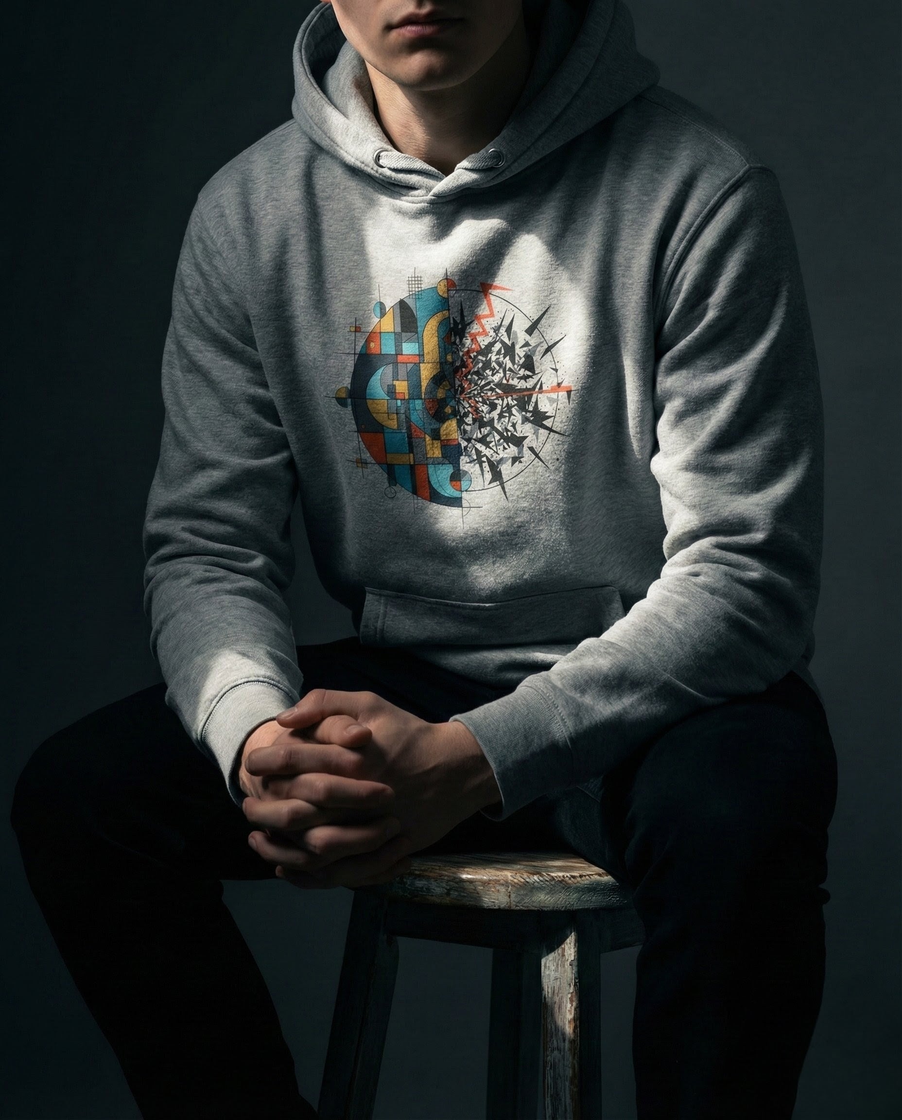 Person wearing a gray hoodie with a colorful graphic design sitting on a stool against a dark background