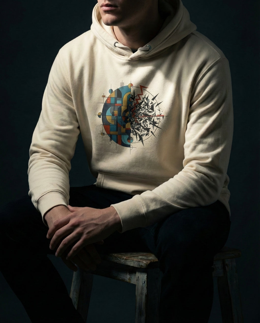 Model wearing a Bone Cease Striving Hoodie with gold and blue interlocking forms beside scattered black fragments printed on the front.