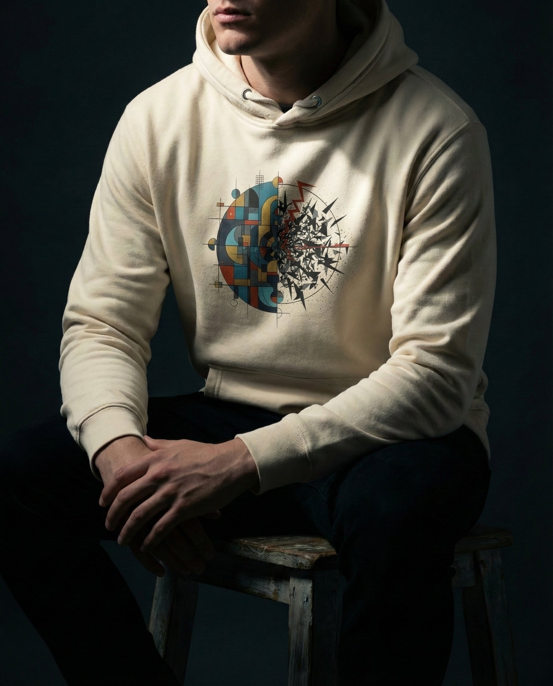 Person wearing a beige hoodie with a colorful graphic design on a dark background