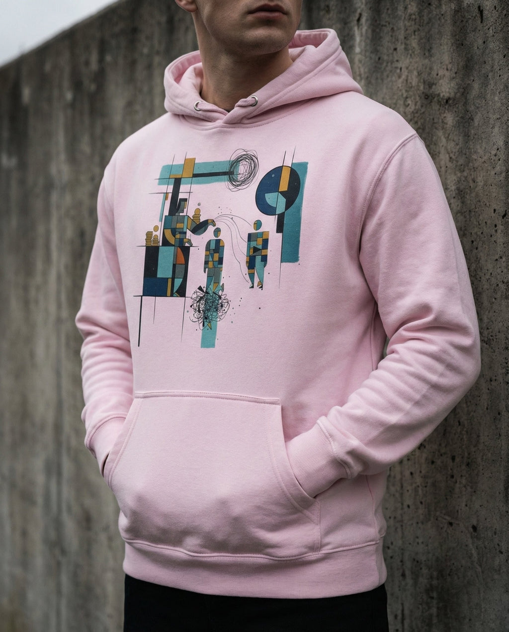 Model wearing the Lavender Insolvent Hoodie with geometric creditor and debtor figures, stacked gold and tangled black lines.