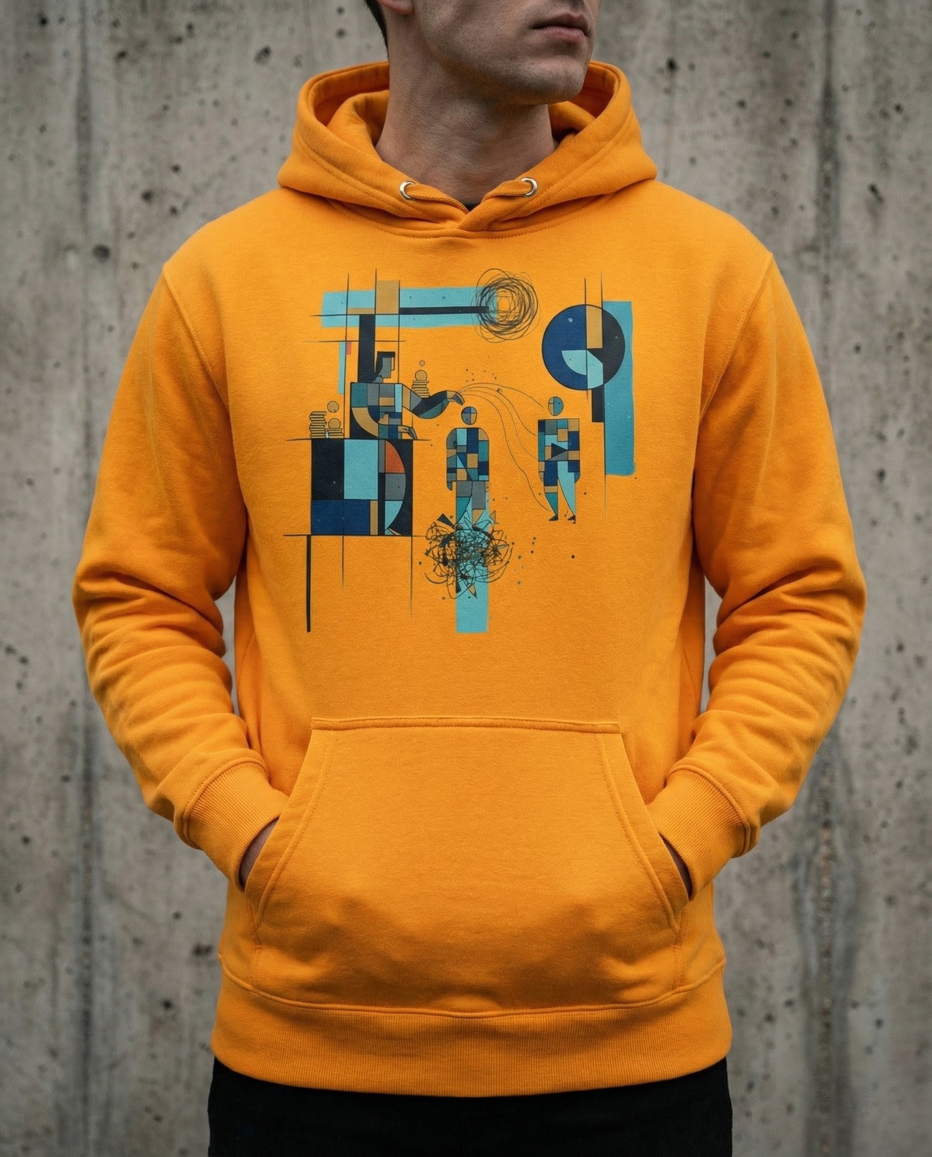 Person wearing an orange hoodie with a graphic design against a concrete wall.