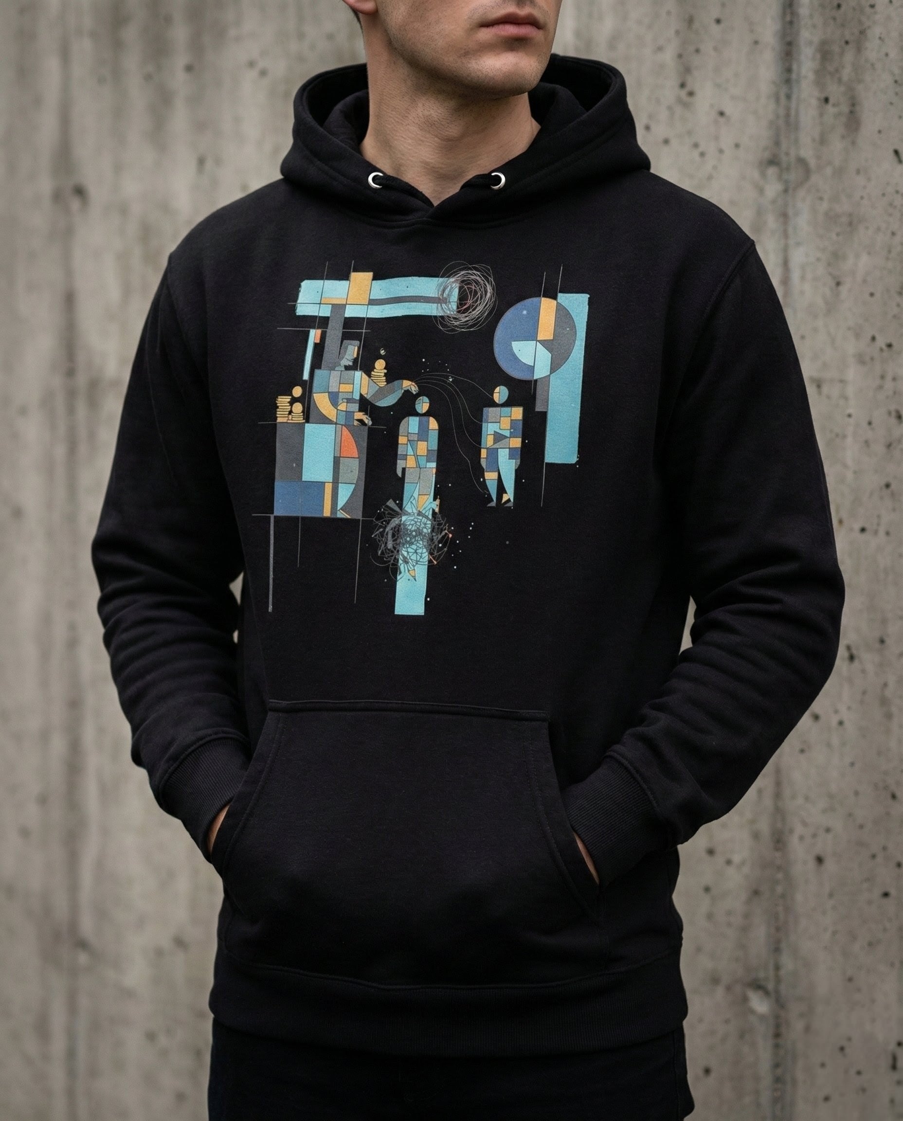 Person wearing a black hoodie with abstract design against a concrete wall