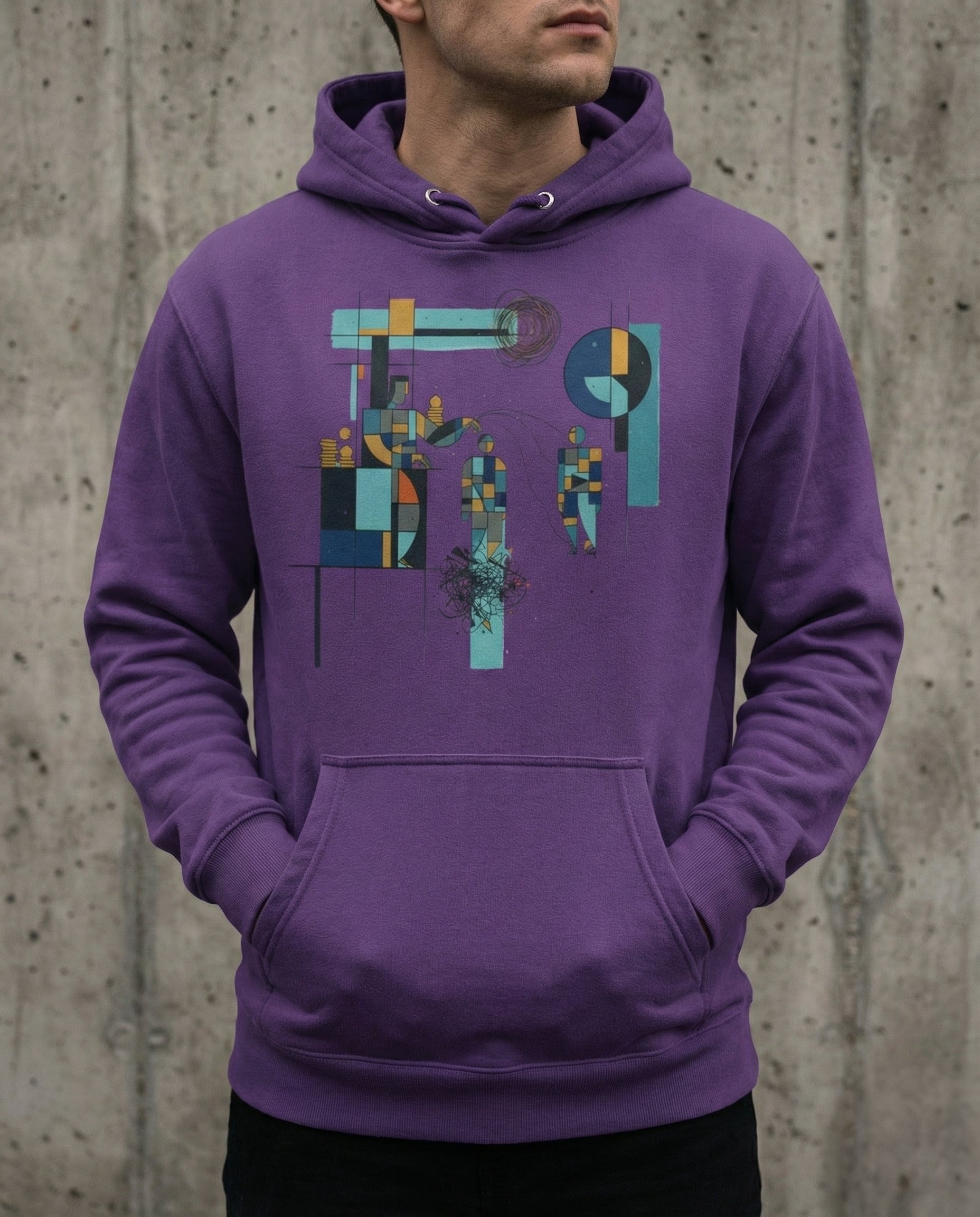 Person wearing a purple hoodie with a colorful abstract design against a concrete wall.