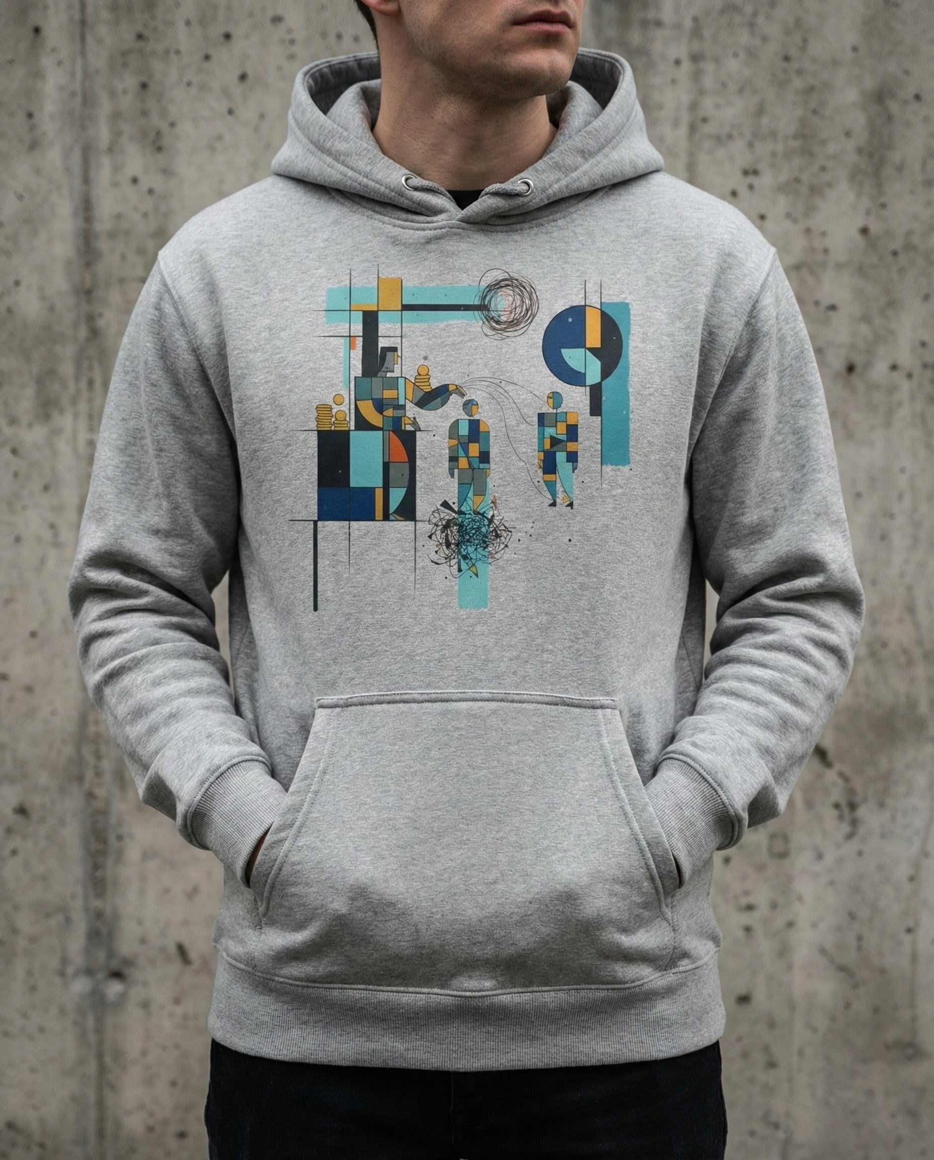 Person wearing a gray hoodie with a colorful abstract design against a concrete wall.