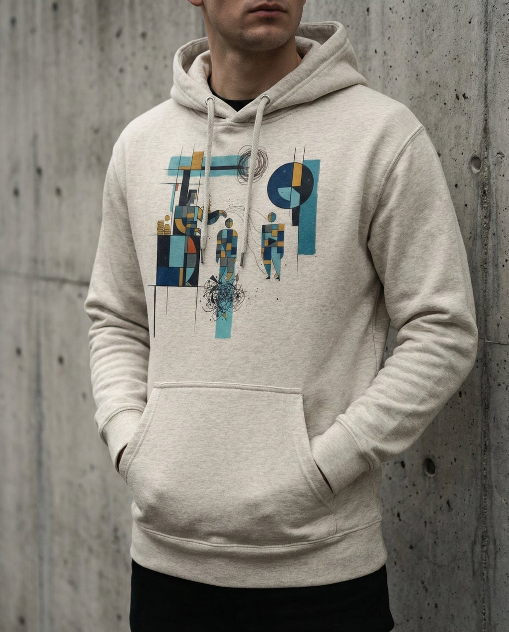 Model wearing the Oatmeal Heather Insolvent Hoodie with geometric creditor and debtor figures, stacked gold and tangled black lines.