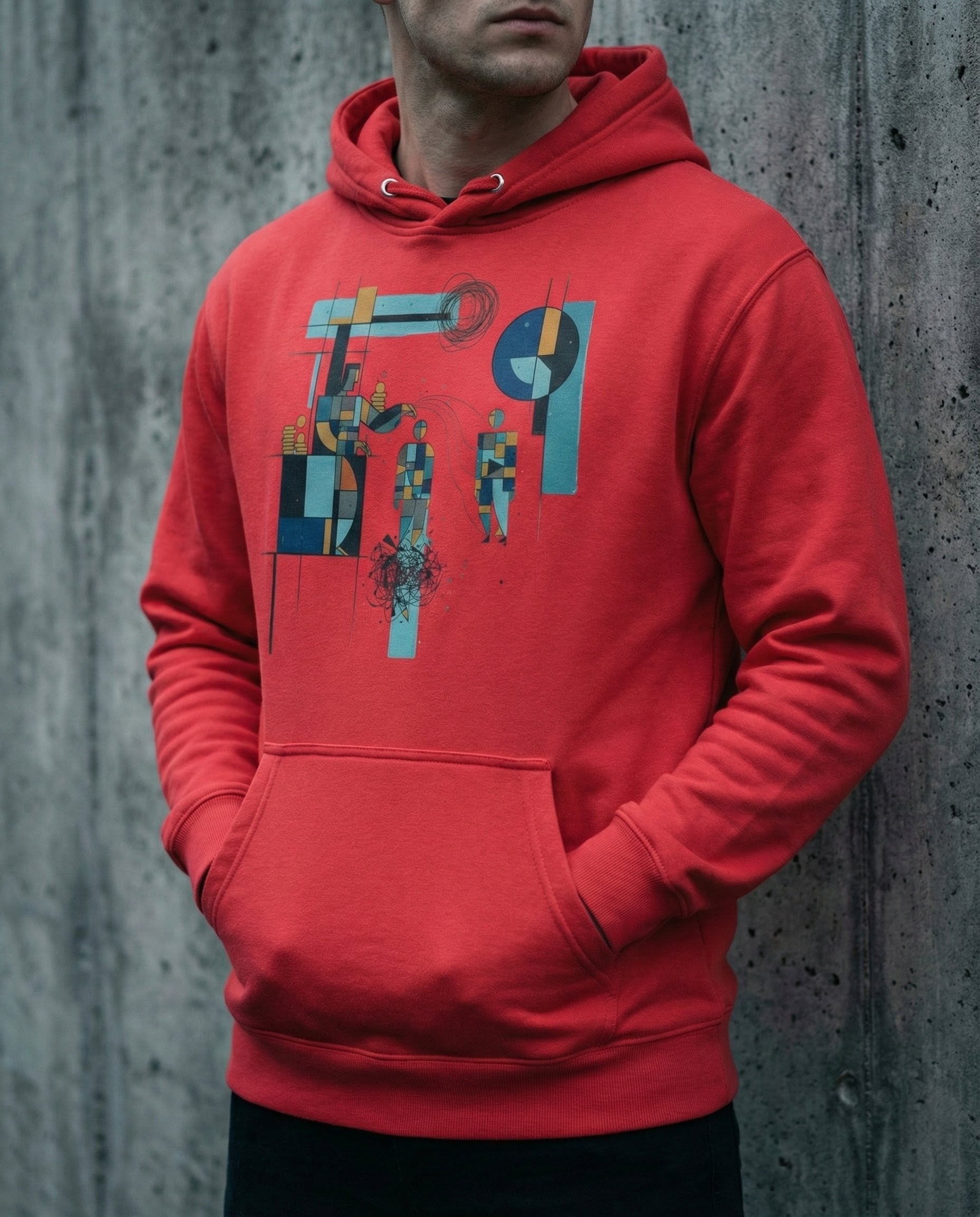 Person wearing a red hoodie with geometric design against a textured wall