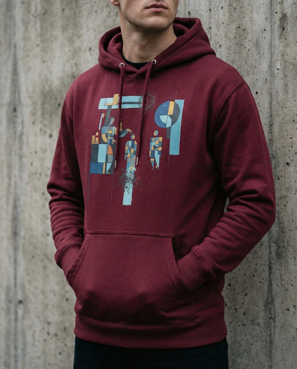 Model wearing the Maroon Insolvent Hoodie with geometric creditor and debtor figures, stacked gold and tangled black lines.
