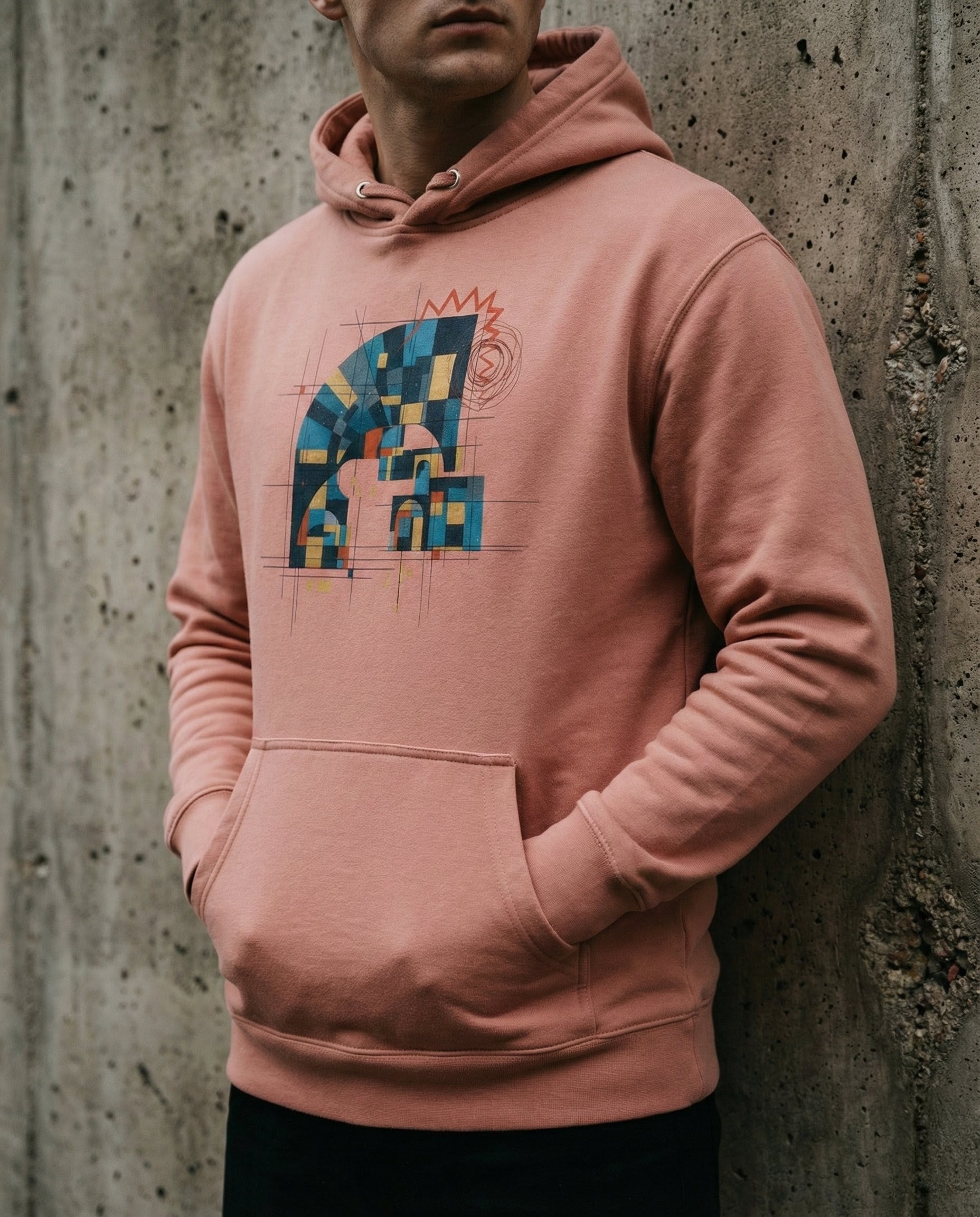 Person wearing a pink hoodie with a colorful geometric design against a concrete wall.