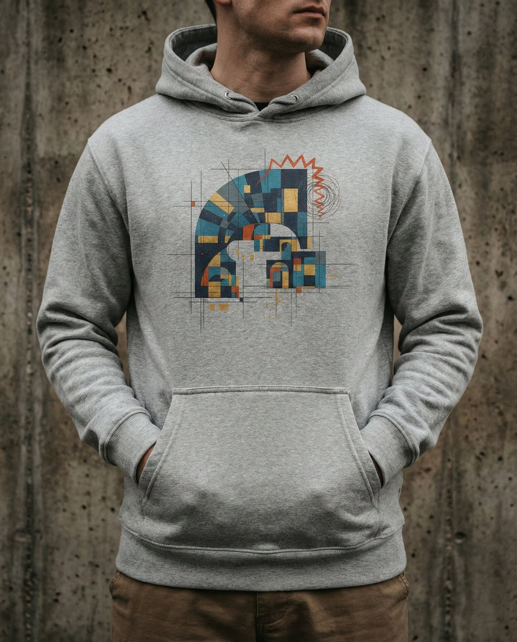 Selah Supply Co. The Secret Place Hoodie in Carbon Grey. Model wearing a Christian graphic hoodie that visualizes Psalm 91 through a blue and gold 'Geometric Arch' protecting a space of light from 'The Chaotic Scribble' of external threats.