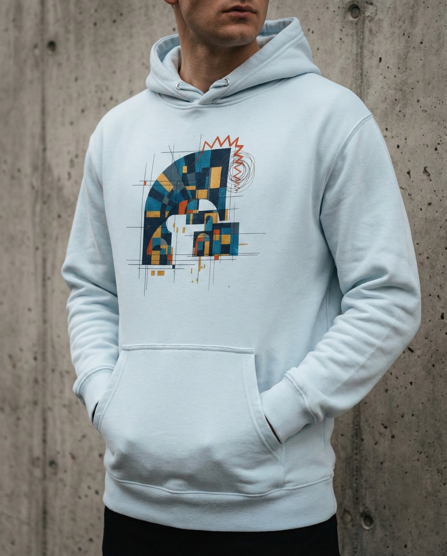 Person wearing a light gray hoodie with a colorful graphic design against a concrete wall.