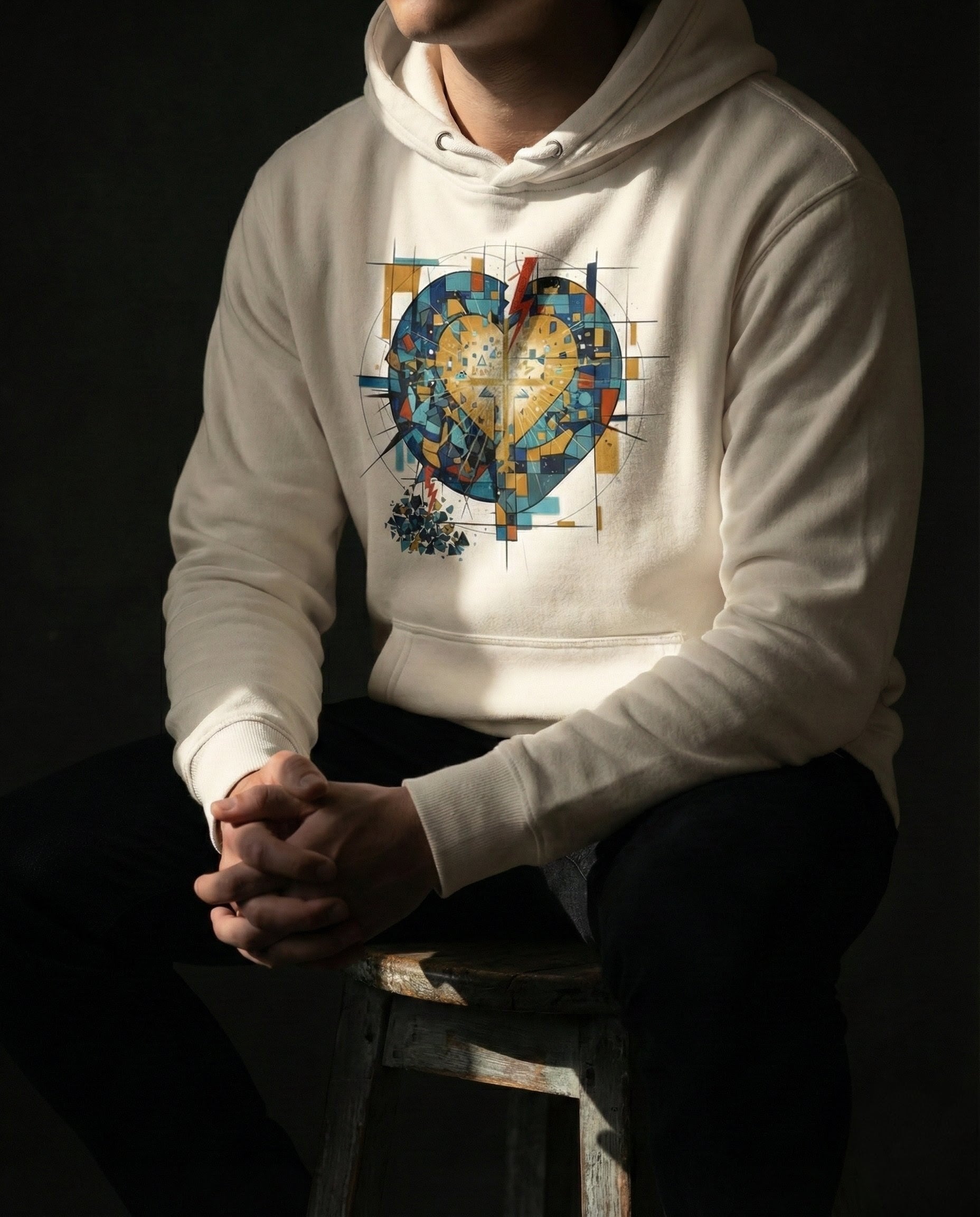 Person wearing a white hoodie with a colorful heart design on a dark background